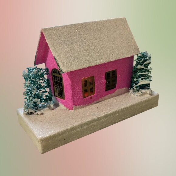 Vintage 1950s Christmas Japanese Putz House Pink Cardboard Cottage - Picture 1 of 4